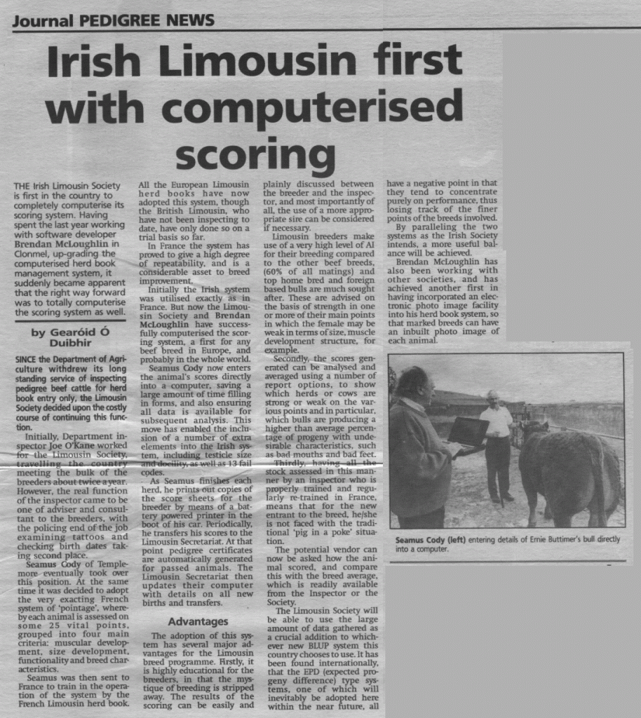 1993 - "Irish Limousin first with computerised scoring" - (Pedigree News / The Farmers Journal)