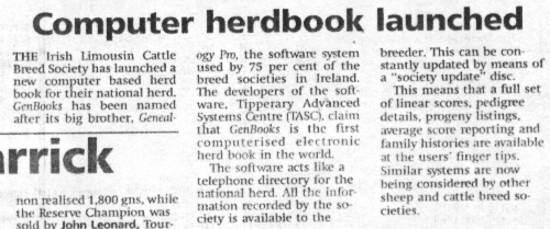 1997 - GenBooks Launch - "Computer herdbook launched" (Pedigree News / The Farmers Journal)